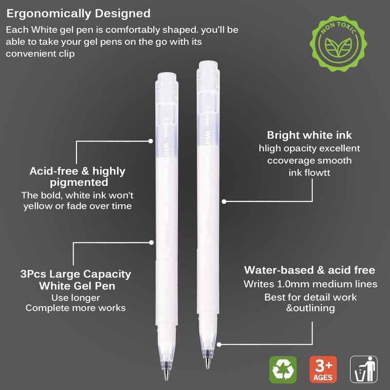 Brusarth White Gel Pen Set, 1mm Gel Ink Pens Opaque White Archival Ink Pens for Black Paper Drawing, Sketching, Illustration, Card Making, Bullet Journaling,3 Pack - Image 2